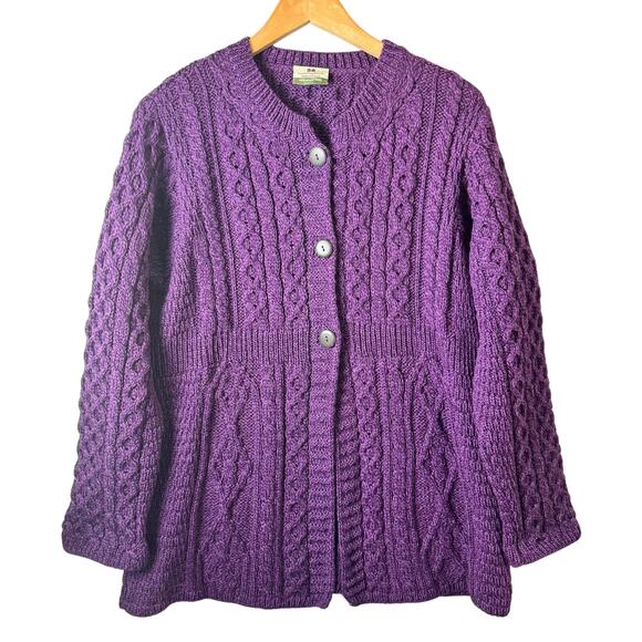 Carraig Donn Irish Aran Cable Knit Fisherman Cardigan XL Pure Merino Wool Purple - Picture 1 of 10